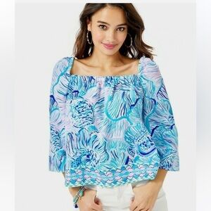 Lilly Pulitzer NWT Lizzie Bermuda Blue Fishful Thinking Blue Lilac Blouse Top M